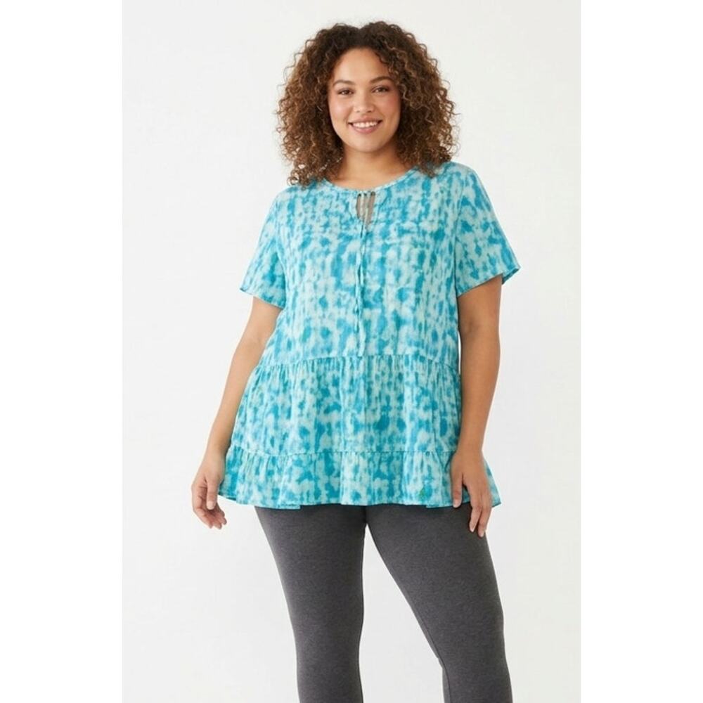TERRA & SKY Women's Tie Dye Top 2XL Cotton Lightweight Summer Ruffled Teal White